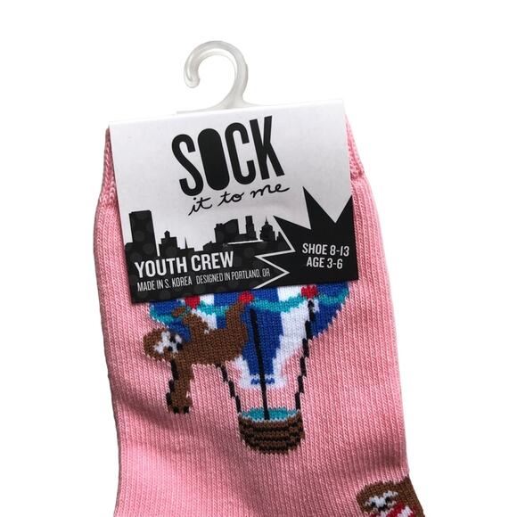 Sock It To Me Pink Hang In There Hot Air Balloon Sloth Youth Novelty Crew Socks - Picture 2 of 6
